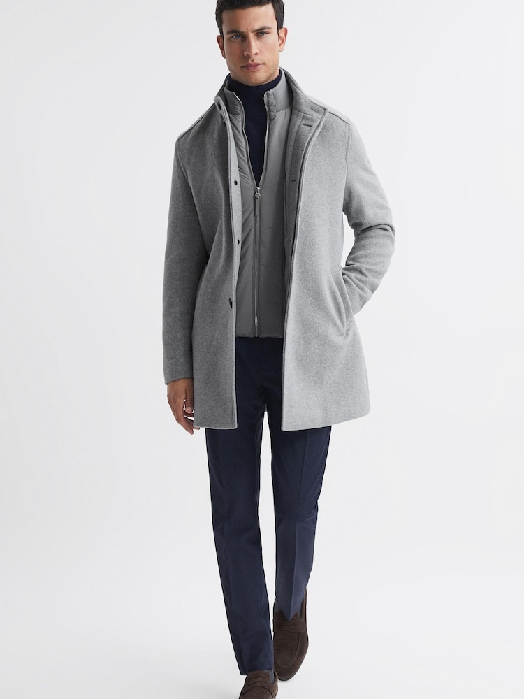 Reiss Grey Dam Wool Removable Insert Longline Coat - Image 1 of 5