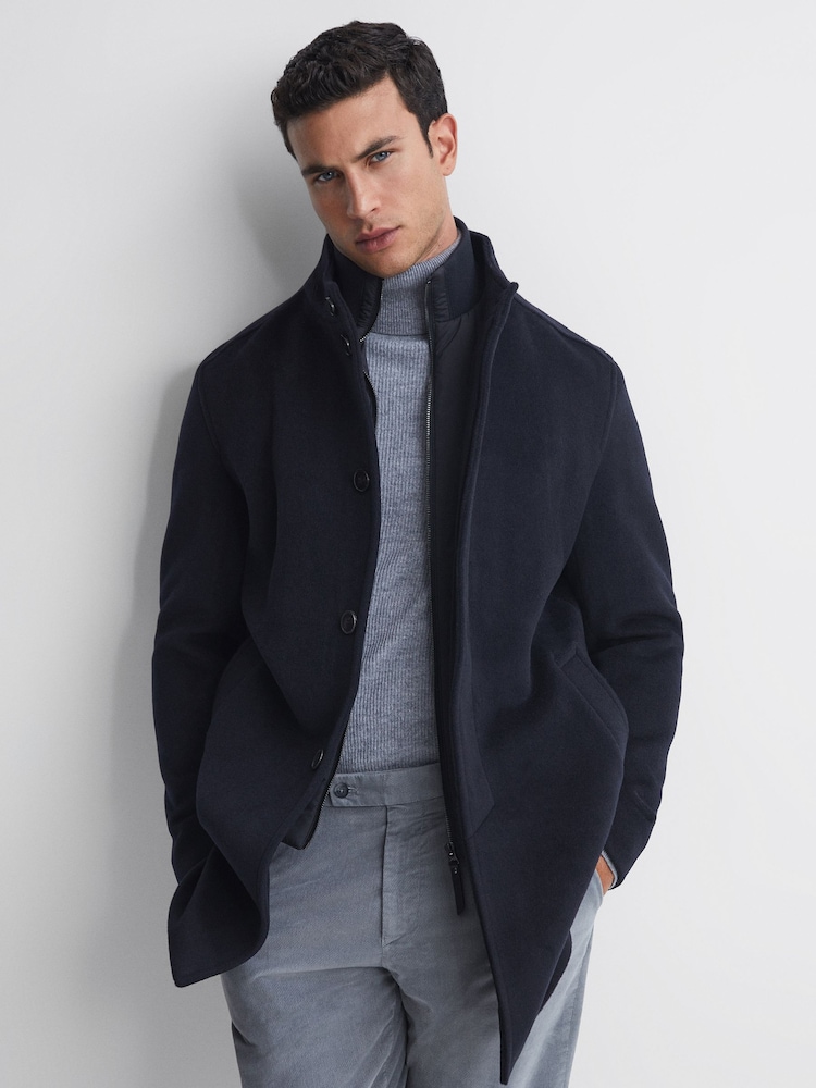 Reiss Navy Dam Wool Removable Insert Longline Coat - Image 1 of 5