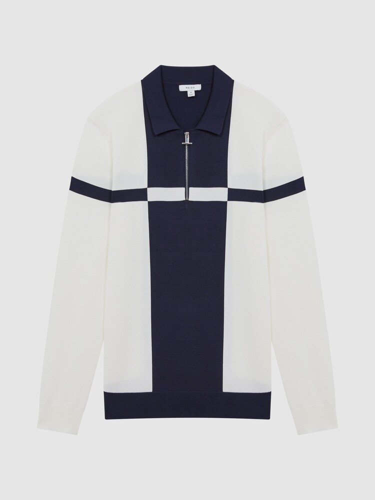 Reiss Ecru/Navy Langland Slim Fit Colourblock Half-Zip Neck Jumper - Image 2 of 4 Reiss Ecru/Navy Langland Slim Fit Colourblock Half-Zip Neck Jumper - Image 2 of 4