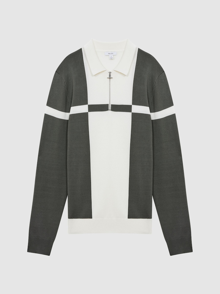 Reiss Gunmetal/Ecru Langland Slim Fit Colourblock Half-Zip Neck Jumper - Image 2 of 4