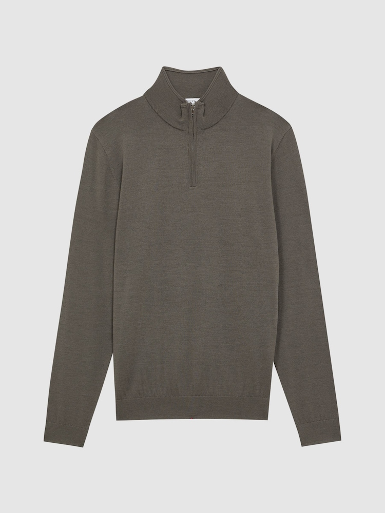 Reiss Mushroom Brown Blackhall Merino Wool Half-Zip Funnel Neck Jumper - Image 2 of 6