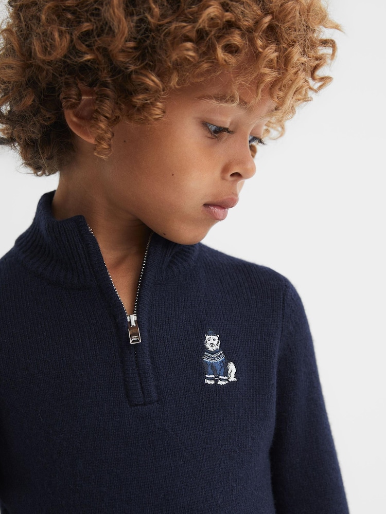 Reiss Navy Hubert 9-14 yrs Wool Motif Half-Zip Funnel Neck Jumper - Image 1 of 6
