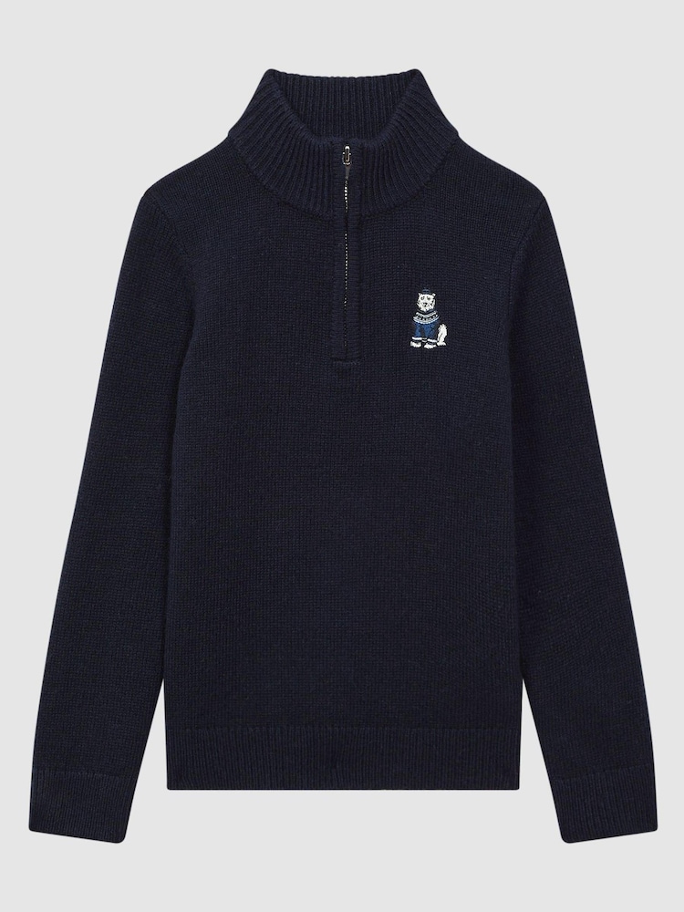 Reiss Navy Hubert 9-14 yrs Wool Motif Half-Zip Funnel Neck Jumper - Image 2 of 6