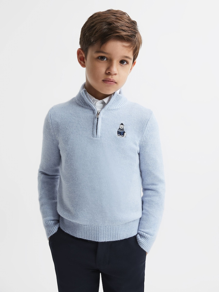 Reiss Soft Blue Hubert 3-9 yrs Wool Motif Half-Zip Funnel Neck Jumper - Image 1 of 5