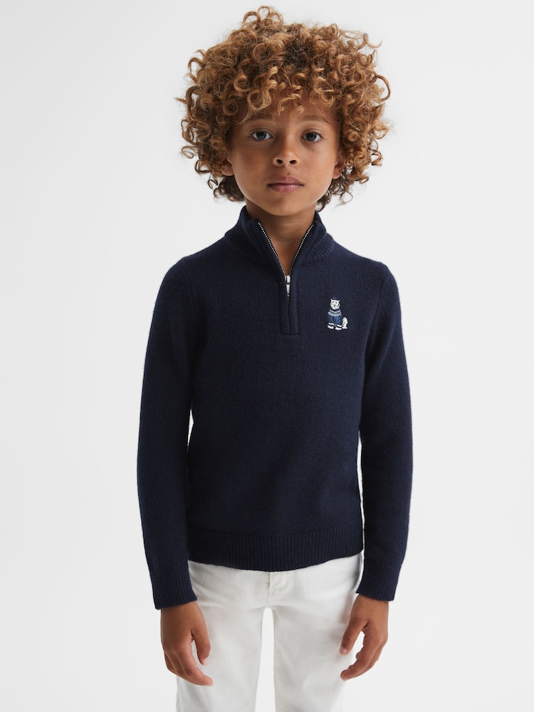 Reiss Navy Hubert 3-9 yrs Wool Motif Half-Zip Funnel Neck Jumper - Image 1 of 6