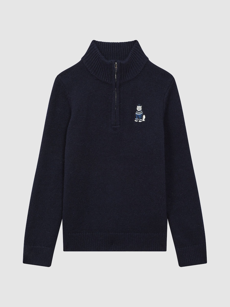 Reiss Navy Hubert 3-9 yrs Wool Motif Half-Zip Funnel Neck Jumper - Image 2 of 6