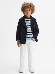 Reiss Ecru/Blue Littleton 3-9 yrs Cable Knitted Striped Jumper - Image 1 of 5