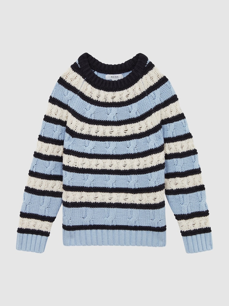 Reiss Ecru/Blue Littleton 3-9 yrs Cable Knitted Striped Jumper - Image 2 of 5