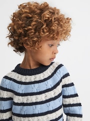Reiss Ecru/Blue Littleton 3-9 yrs Cable Knitted Striped Jumper - Image 3 of 5