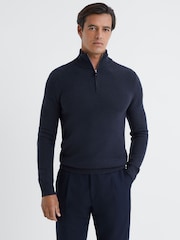 Reiss Navy Tempo Slim Fit Knitted Half-Zip Funnel Neck Jumper - Image 1 of 5