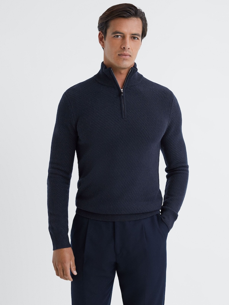 Reiss Navy Tempo Slim Fit Knitted Half-Zip Funnel Neck Jumper - Image 1 of 5