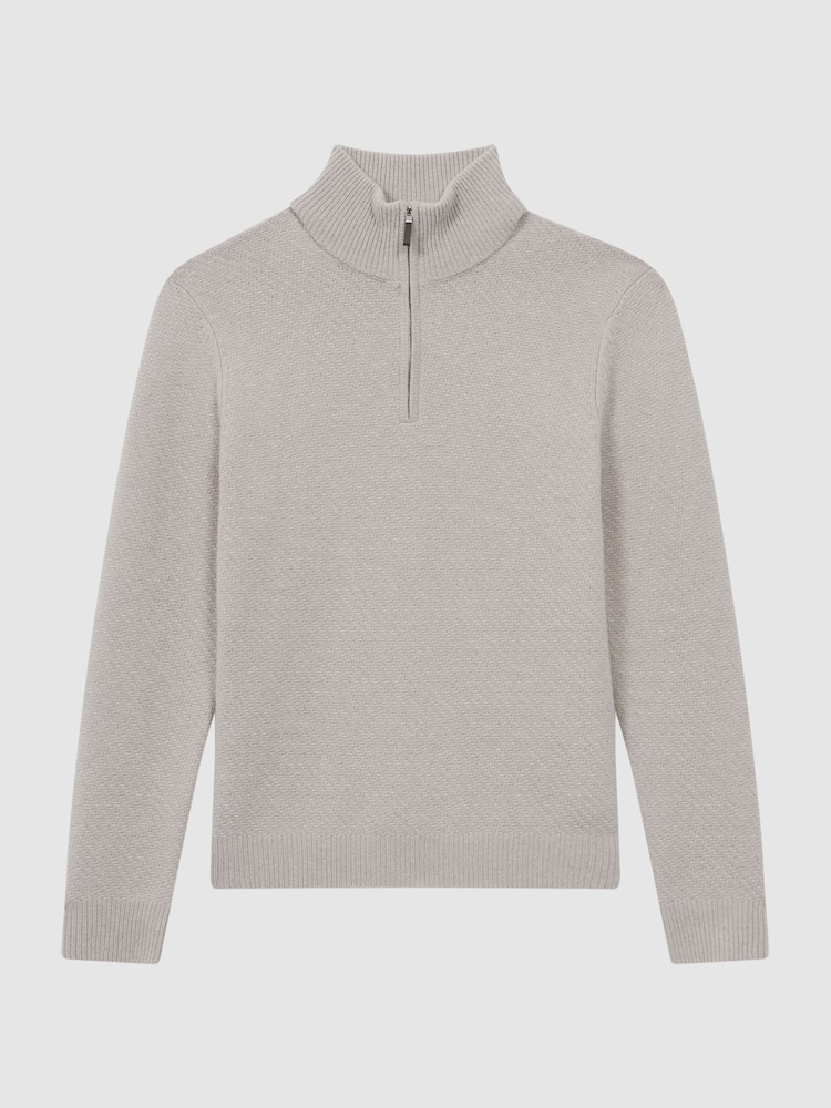 Reiss Oatmeal Melange Tempo Slim Fit Knitted Half-Zip Funnel Neck Jumper - Image 2 of 5