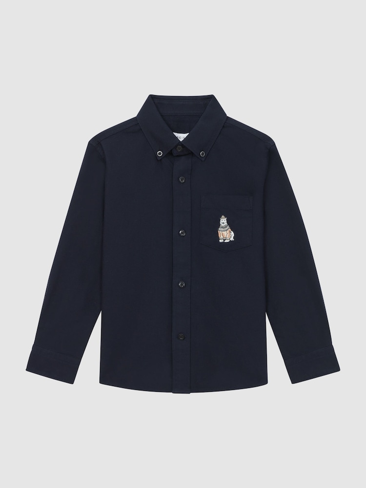 Reiss Navy Matis 3-9 yrs Slim Fit Button Down Collar Motif Shirt - Image 2 of 5