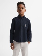 Reiss Navy Matis 3-9 yrs Slim Fit Button Down Collar Motif Shirt - Image 3 of 5