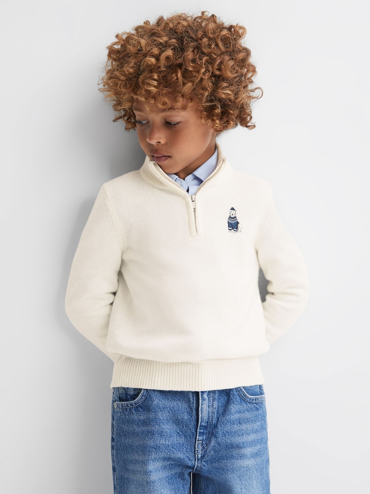 Reiss Ecru Hubert 9-14 yrs Wool Motif Half-Zip Funnel Neck Jumper - Image 1 of 6 Reiss Ecru Hubert 9-14 yrs Wool Motif Half-Zip Funnel Neck Jumper - Image 1 of 6