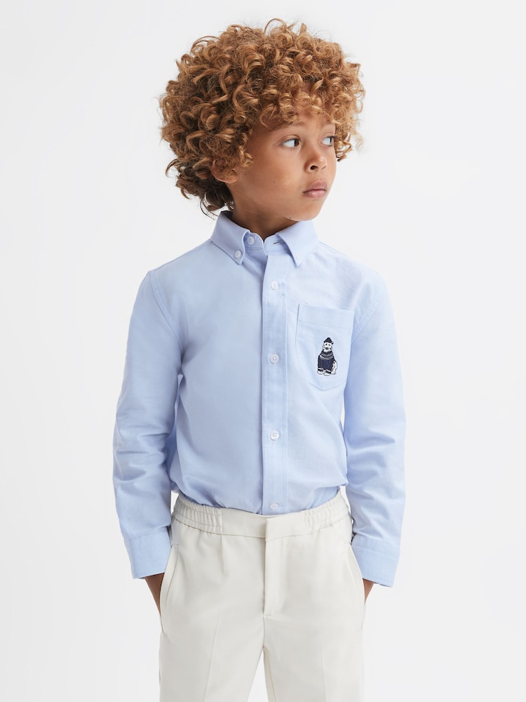 Reiss Soft Blue Matis Junior Slim Fit Button-Down Collar Motif Shirt - Image 1 of 5