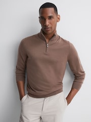 Reiss Brown Sugar Blackhall Merino Wool Half-Zip Funnel Neck Jumper - Image 1 of 4
