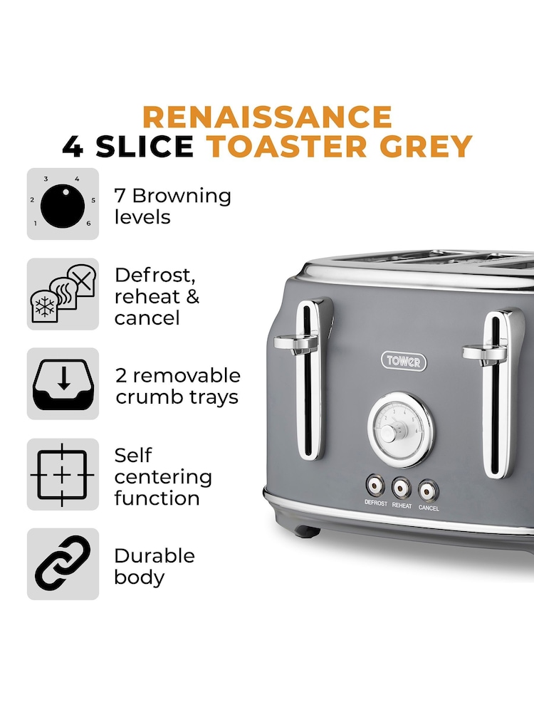 Tower Grey Renaissance 4 Slice Toaster - Image 2 of 8