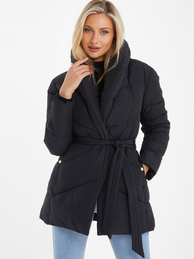 Quiz Black Padded Tie Waist Jacket - Image 1 of 4