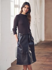 Chocolate Brown 2-In-1 High Neck Faux Leather PU Mix Jumper Dress - Image 2 of 7