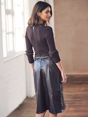 Chocolate Brown 2-In-1 High Neck Faux Leather PU Mix Jumper Dress - Image 3 of 7