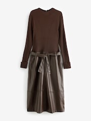 Chocolate Brown 2-In-1 High Neck Faux Leather PU Mix Jumper Dress - Image 6 of 7