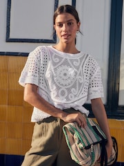 White 100% Cotton Short Sleeve Crochet Crew Neck T-Shirt - Image 1 of 6