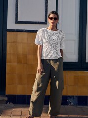 White 100% Cotton Short Sleeve Crochet Crew Neck T-Shirt - Image 2 of 6