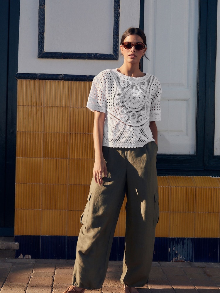 White 100% Cotton Short Sleeve Crochet Crew Neck T-Shirt - Image 2 of 6