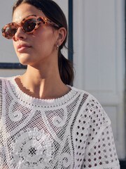 White 100% Cotton Short Sleeve Crochet Crew Neck T-Shirt - Image 4 of 6