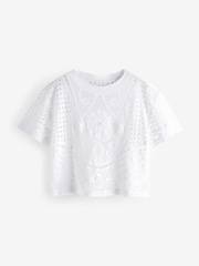 White 100% Cotton Short Sleeve Crochet Crew Neck T-Shirt - Image 5 of 6