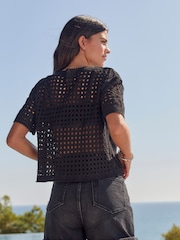 Black Short Sleeve Crochet 100% Cotton Crew Neck T-Shirt - Image 3 of 6