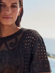 Black Short Sleeve Crochet 100% Cotton Crew Neck T-Shirt - Image 4 of 6
