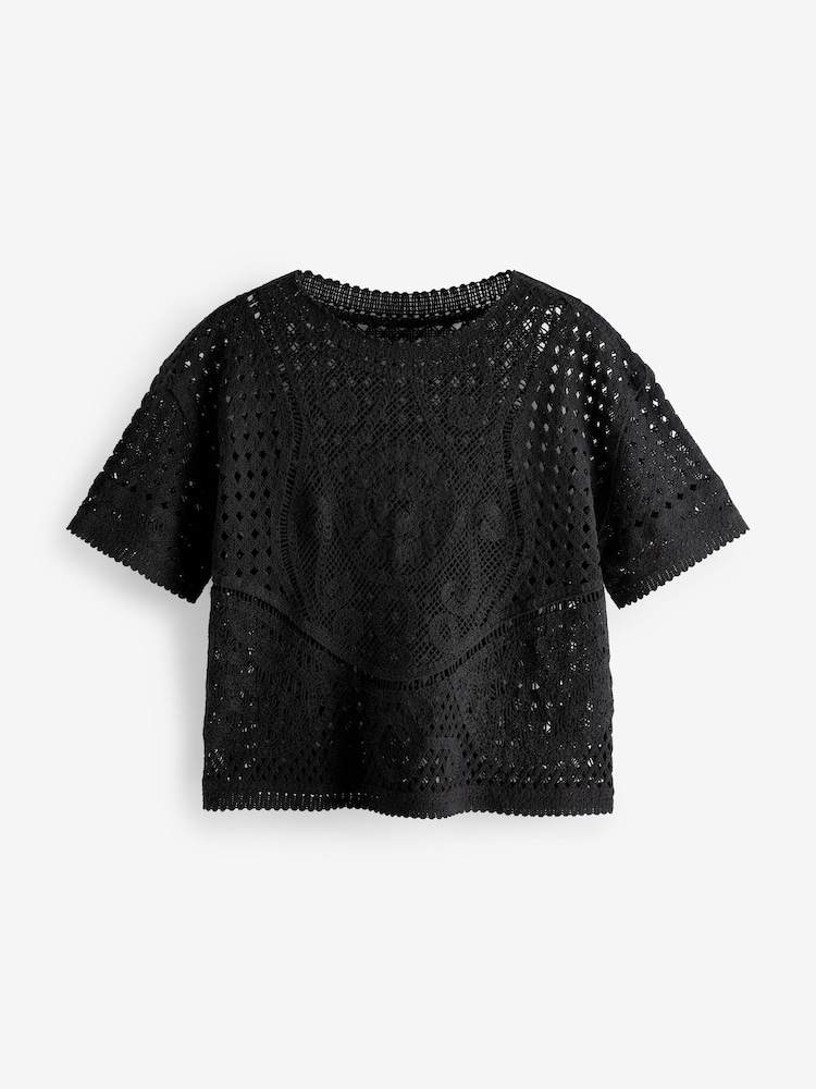 Black Short Sleeve Crochet 100% Cotton Crew Neck T-Shirt - Image 5 of 6