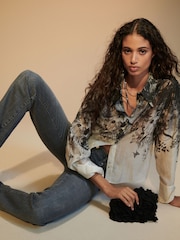 Monochrome Floral Placement Sheer Placement Print Long Sleeve Shirt - Image 3 of 7