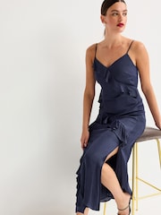 Marineblau - Trägerkleid aus Satin mit Rüschen - Bild 2 von 6