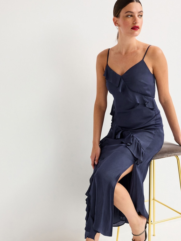 Marineblau - Trägerkleid aus Satin mit Rüschen - Bild 2 von 6