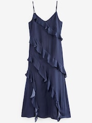 Marineblau - Trägerkleid aus Satin mit Rüschen - Bild 5 von 6