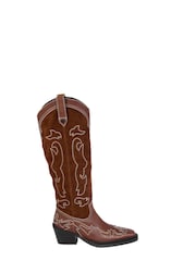 ASRA London Kaja Leather and Suede Mix Knee High Western Stitich Detail Brown Boots - Image 1 of 5