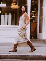 ASRA London Kaja Leather and Suede Mix Knee High Western Stitich Detail Brown Boots - Image 3 of 5