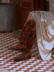ASRA London Kaja Leather and Suede Mix Knee High Western Stitich Detail Brown Boots - Image 5 of 5