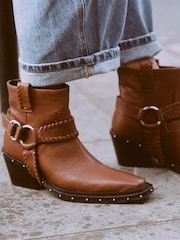 ASRA London Mint Leather Harness Ankle Western Black Boots With Metal Detail - Image 1 of 2