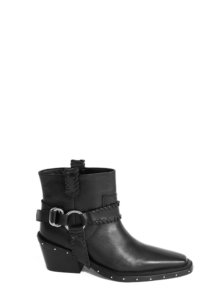 ASRA London Mint Leather Harness Ankle Western Black Boots With Metal Detail - Image 1 of 1 ASRA London Mint Leather Harness Ankle Western Black Boots With Metal Detail - Image 1 of 1
