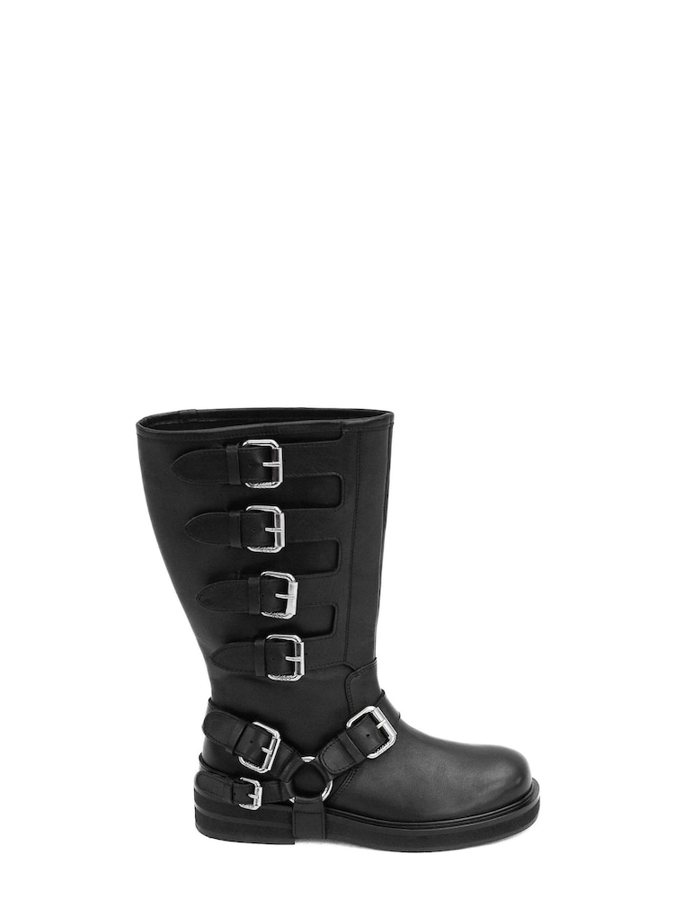 ASRA London Cantaloupe Multi Buckle Under The Knee Pull On Leather Black Boots - Image 1 of 1 ASRA London Cantaloupe Multi Buckle Under The Knee Pull On Leather Black Boots - Image 1 of 1