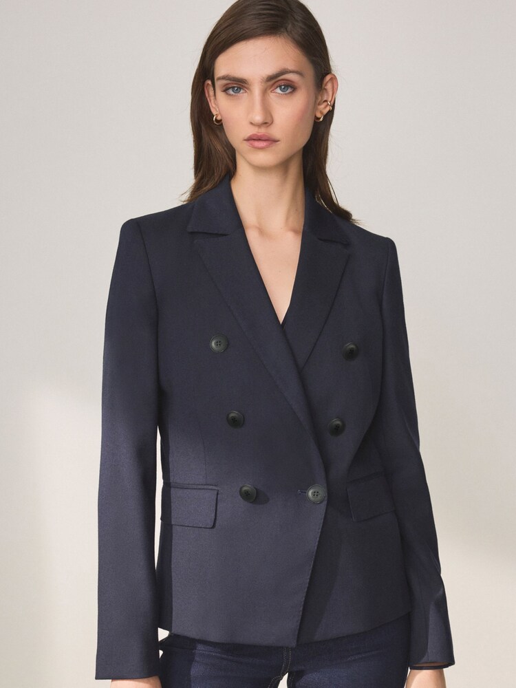 Navy Premium Double Breasted Wool Blend Blazer - Image 1 of 8