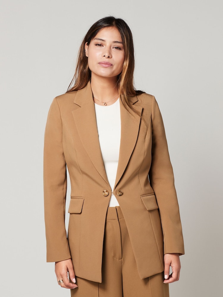 Camel Brown Tailored Crepe Edge to Edge Fitted Blazer - Image 1 of 7 Camel Brown Tailored Crepe Edge to Edge Fitted Blazer - Image 1 of 7