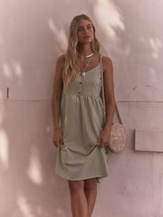 Khaki Green/White Button Down 100% Cotton Cami Summer Dress - Image 1 of 8