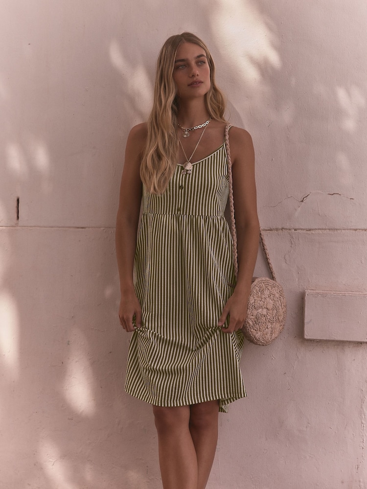 Khaki Green/White Button Down 100% Cotton Cami Summer Dress - Image 1 of 8