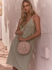 Khaki Green/White Button Down 100% Cotton Cami Summer Dress - Image 3 of 8