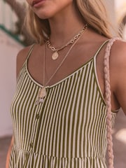 Khaki Green/White Button Down 100% Cotton Cami Summer Dress - Image 5 of 8